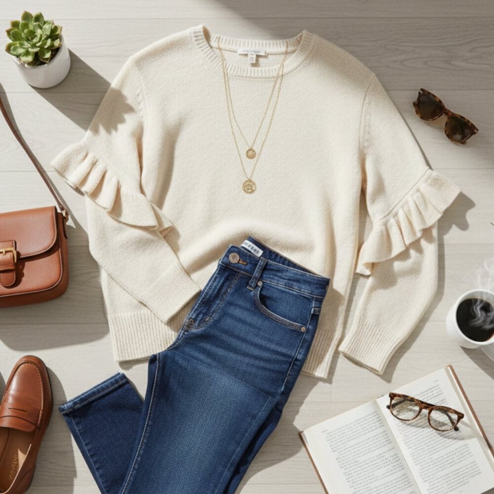 Tory Burch Ashley Ivory Knit Ruffle Bell Sleeve Sweater - Extra Large